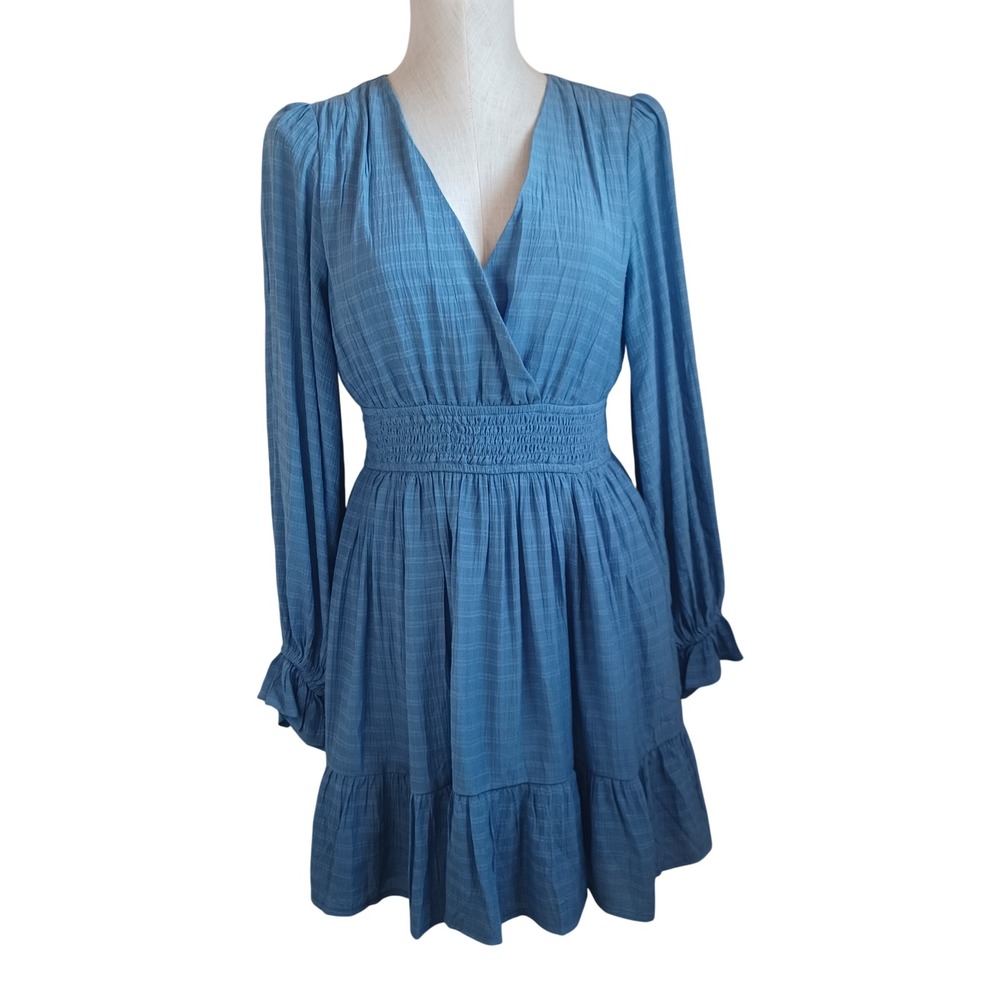 Lulus Blue Smocked Waist Long Sleeve Ruffle Mini Dress Small Textured V-Neck
